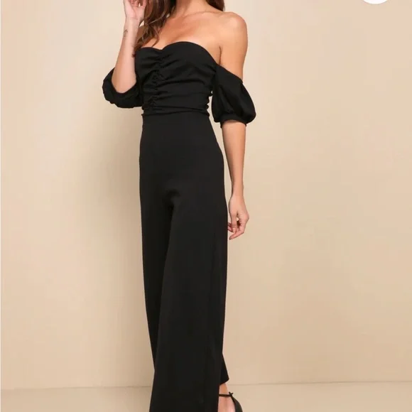 Lulu's Impress Release Black Off-the-Shoulder Puff Sleeve Jumpsuit - Picture 4 of 8